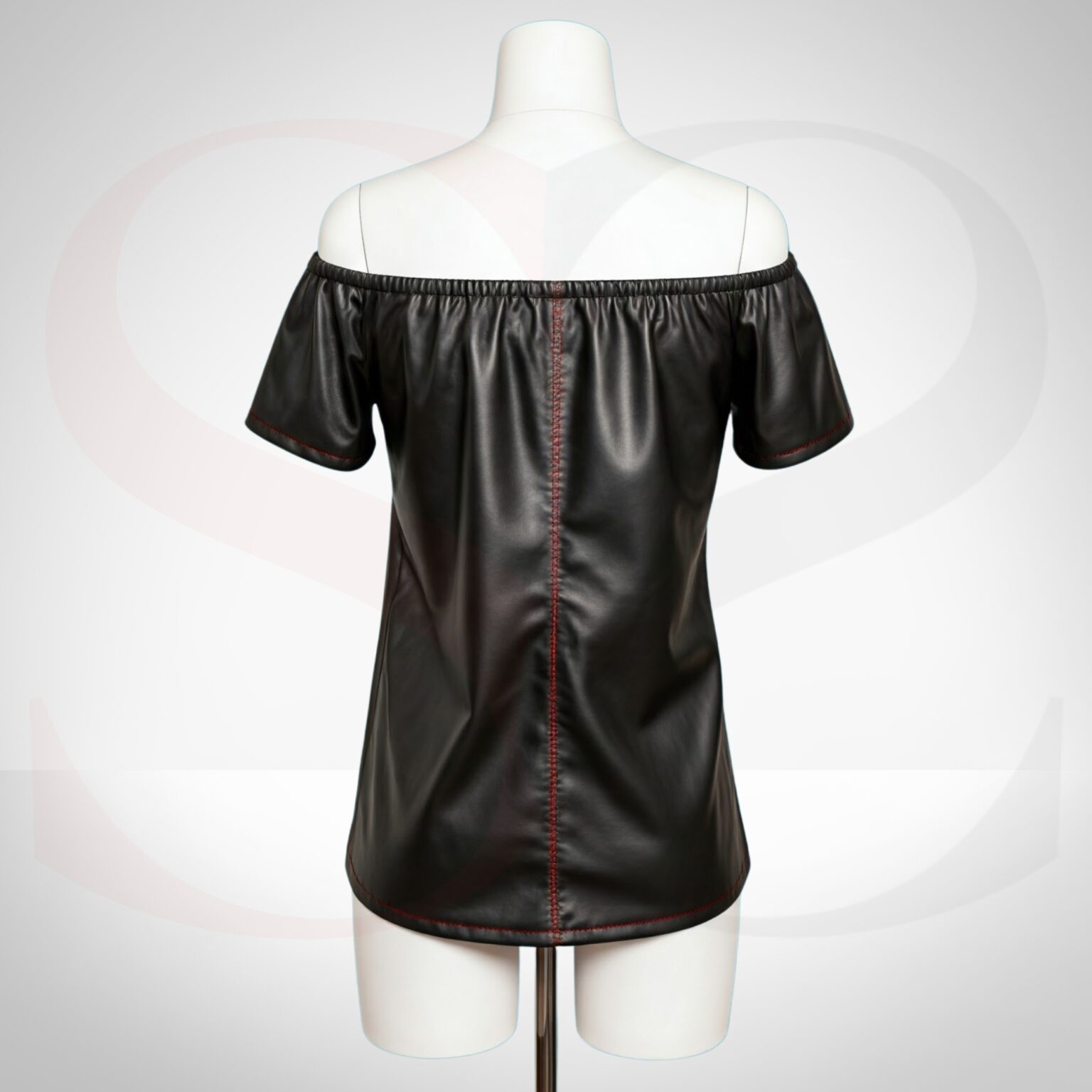 Black Leather Off Shoulder Dressy Top With Red Stitch