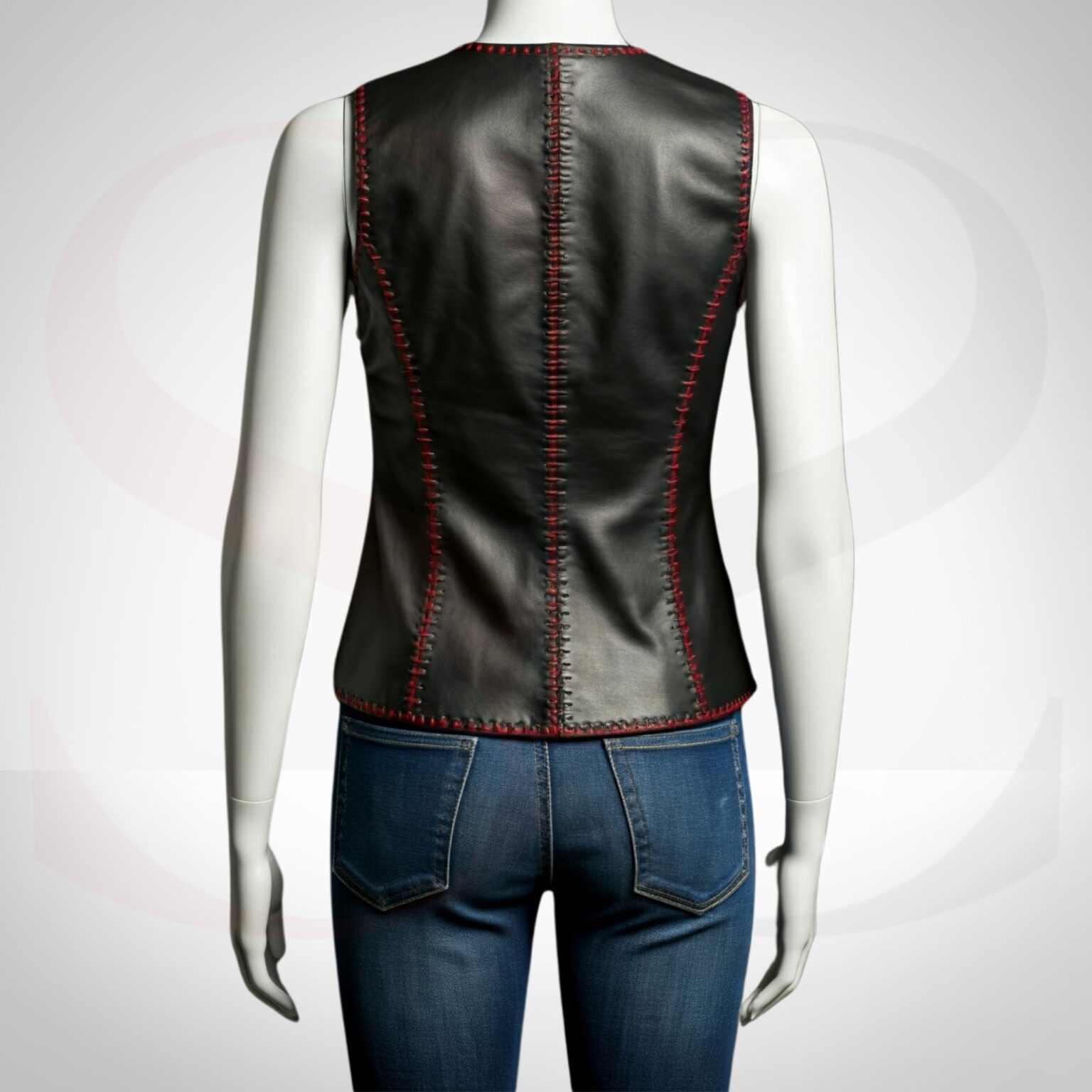 Black Leather Tank Blouse With Red Stitch
