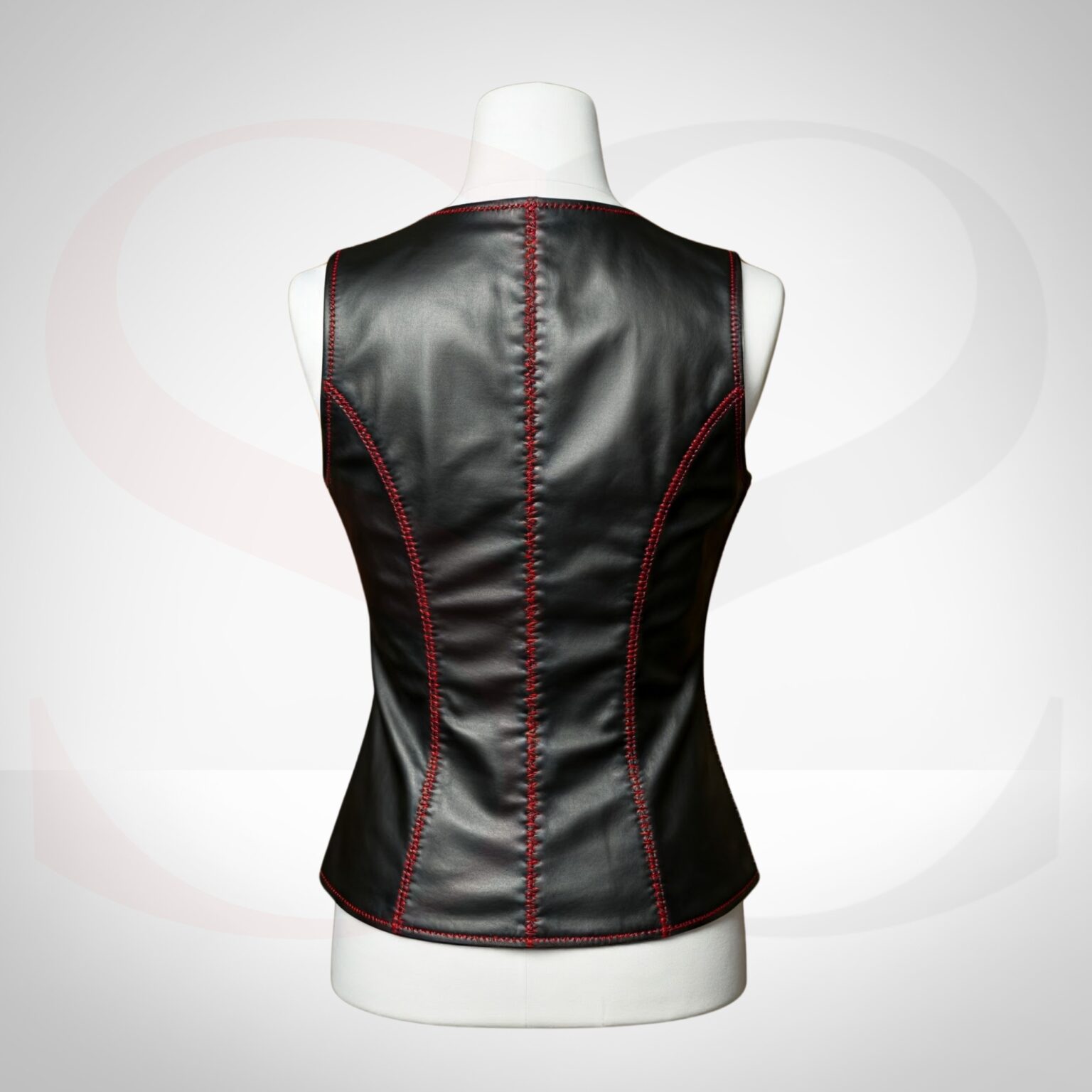Black Genuine Leather A Tank Top With Red Stitch