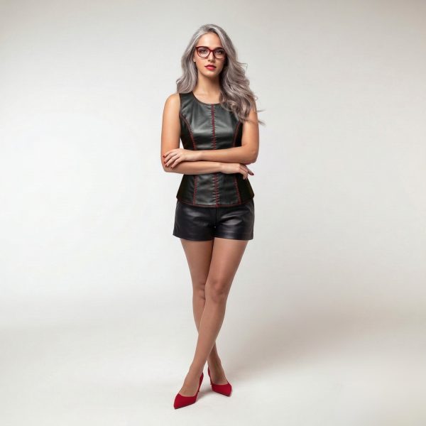 Black Genuine Leather A Tank Top With Red Stitch Modal Front View