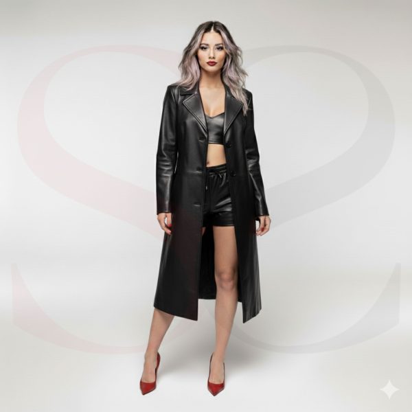 Chic Outerwear Ladies Leather Long Coat (model girl photo shoot)