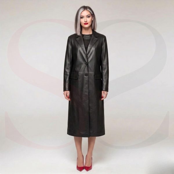 Handmade Perfection Ladies Leather Long Coat Modal Front View