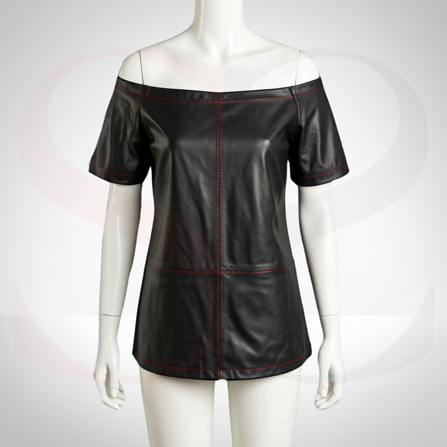 Classic Black Leather Over The Shoulder Top With Red Stitch