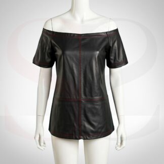 Classic Black Leather Over The Shoulder Top With Red Stitch