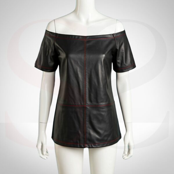 Classic Black Leather Over The Shoulder Top With Red Stitch
