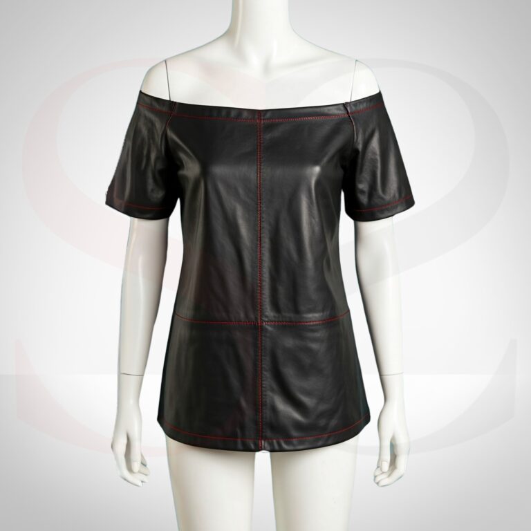 Classic Black Leather Over The Shoulder Top With Red Stitch