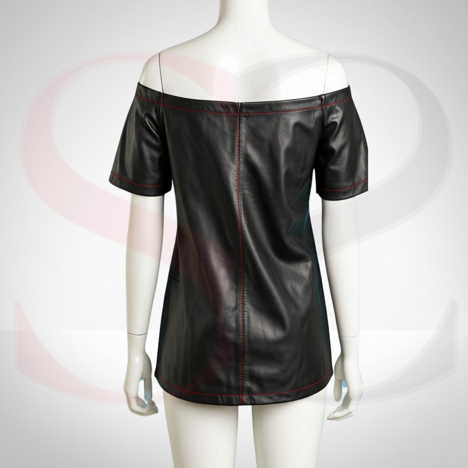 Classic Black Leather Over The Shoulder Top With Red Stitch