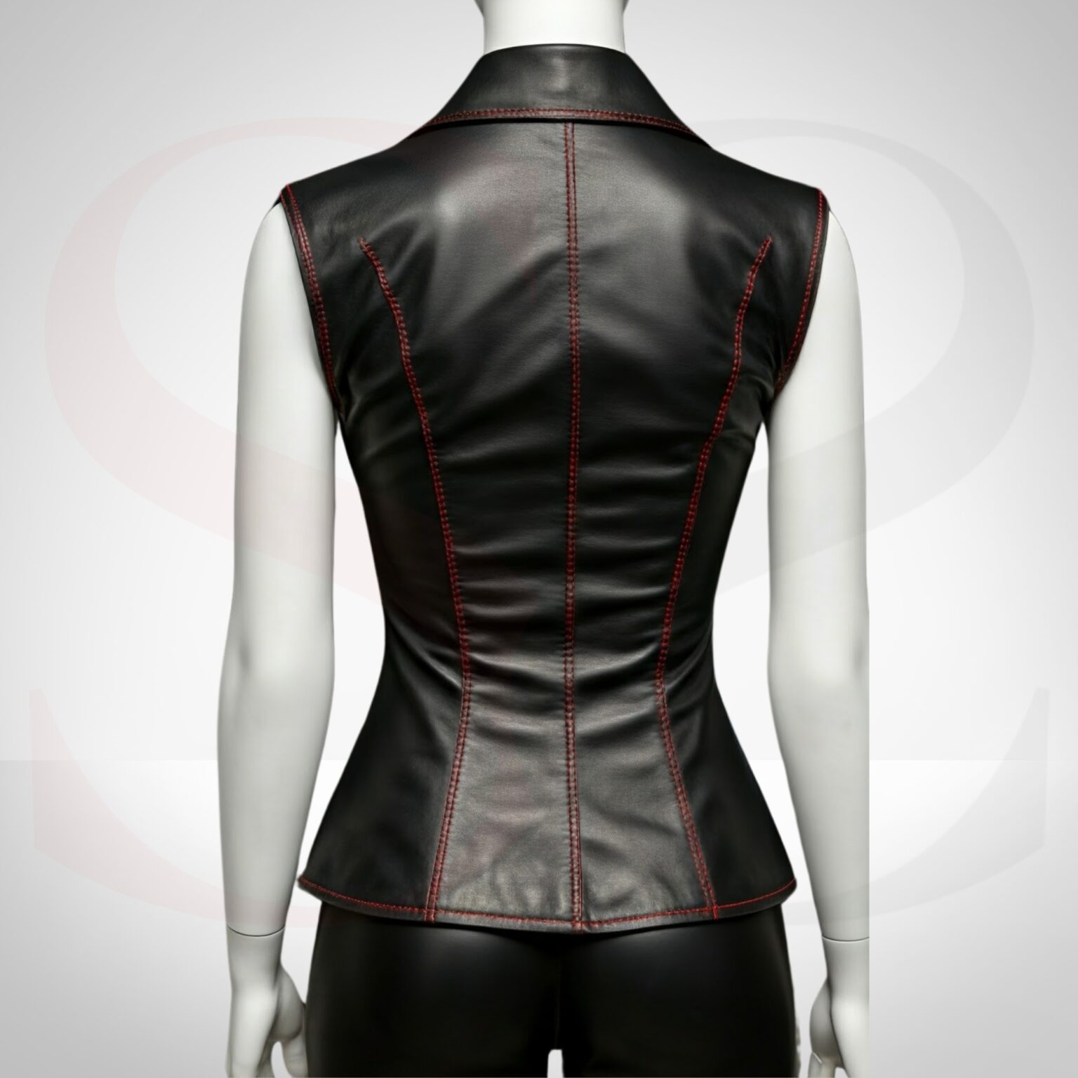 Zipper Closure Black Leather Tank Blouse With Red Stitch