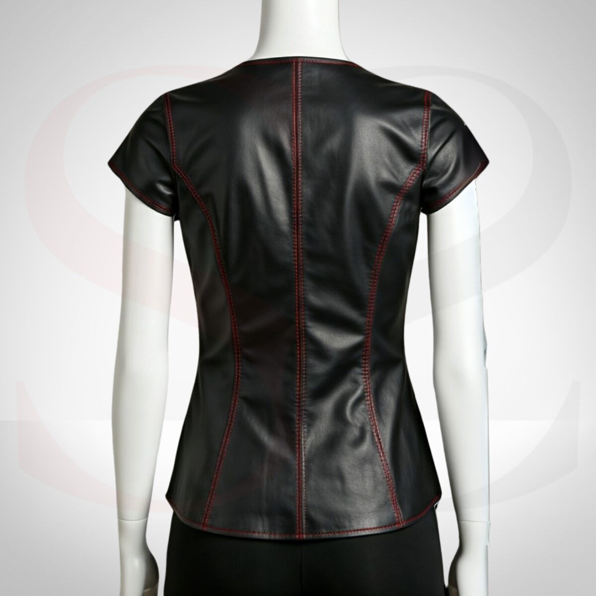 Elegant Touch Genuine Leather V Neck Tee With Red Stitch