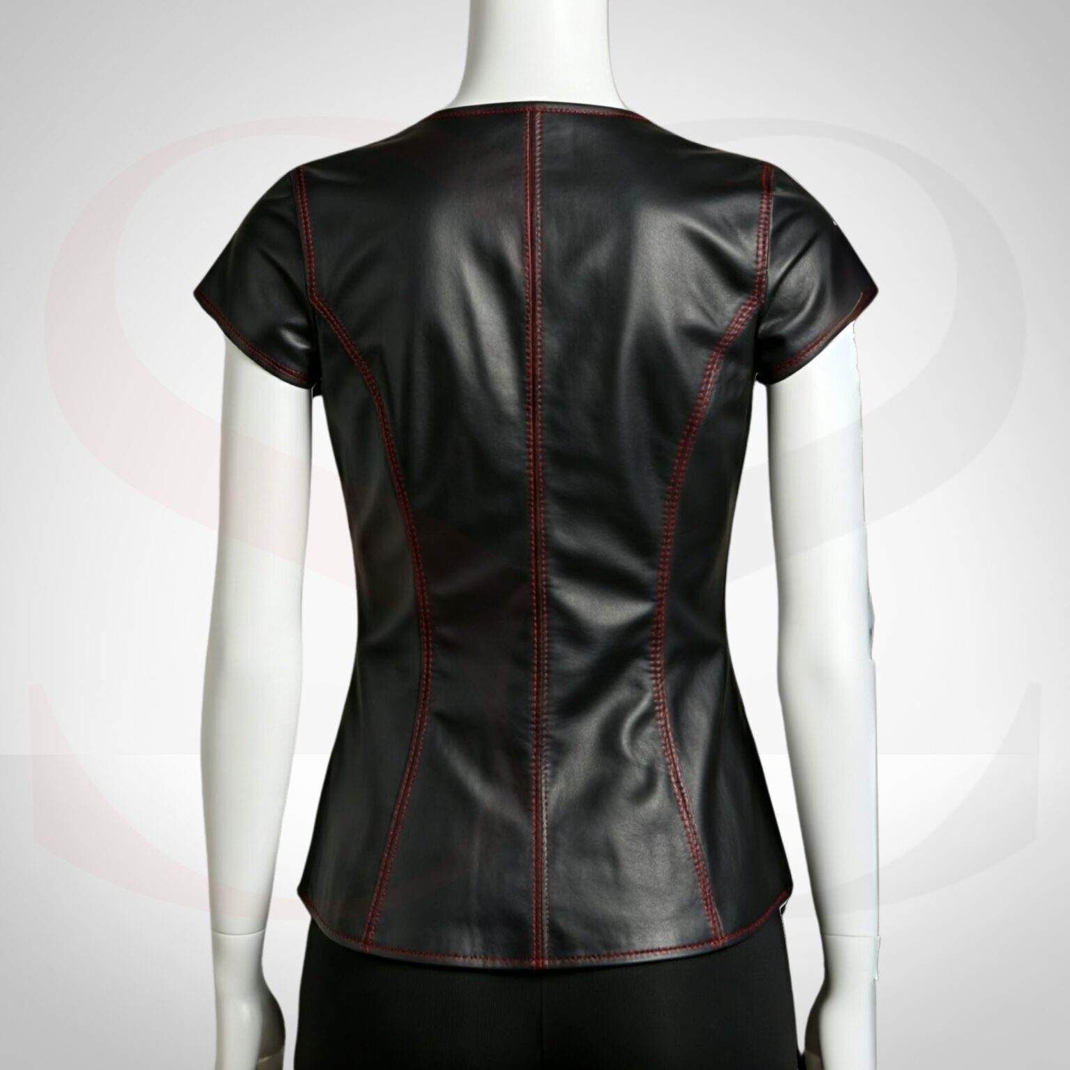 Elegant Touch Genuine Leather V Neck Tee With Red Stitch