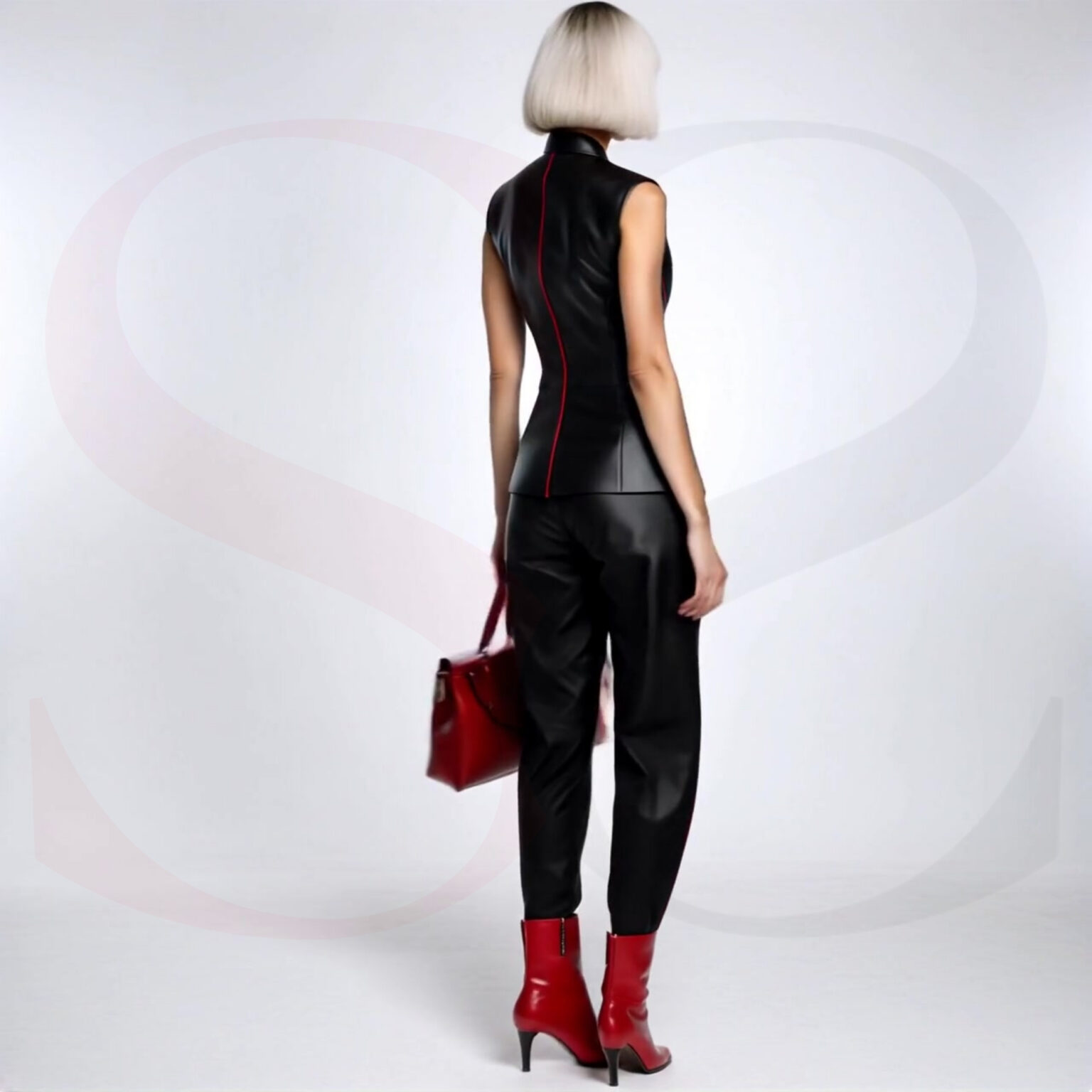 Black Real Leather Longline Vest With Red Stitching And High-Waisted Trousers