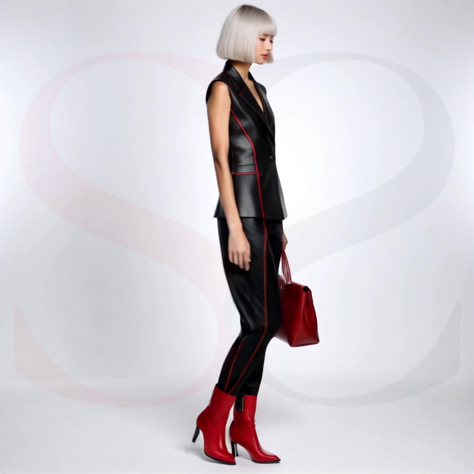 Black Real Leather Longline Vest With Red Stitching And High-Waisted Trousers