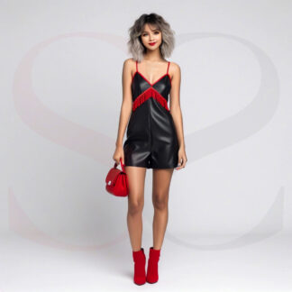 Black Real Leather Mini Slip Dress With Red Fringes