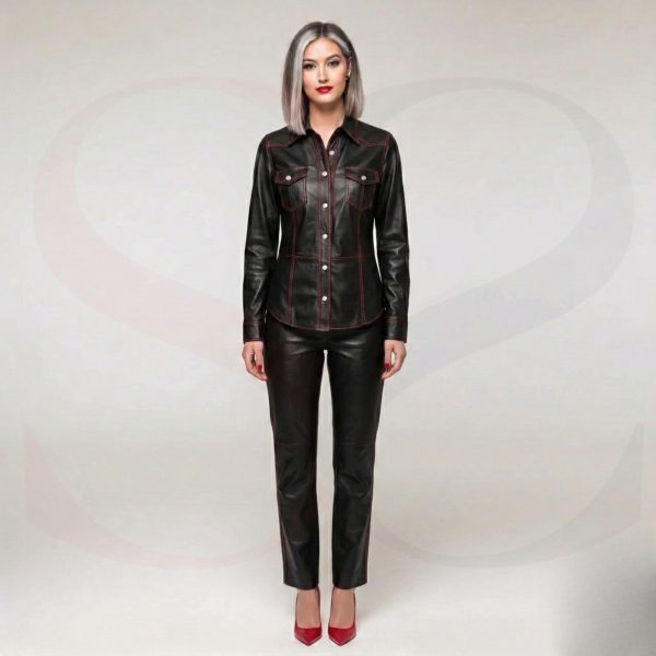 Bold Urban Style Button Up Dress Shirt With Red Stitch