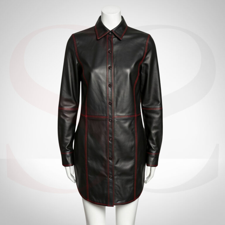 Enduring Style Leather Formal Shirt Dress With Red Stitch