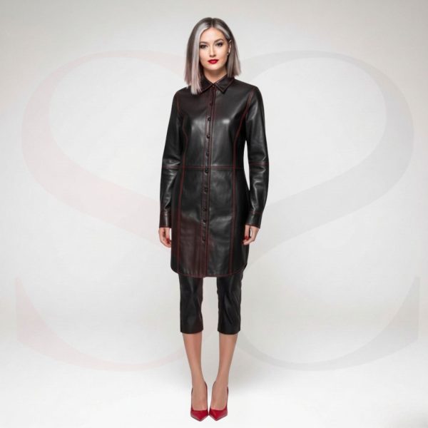 Enduring Style Leather Formal Shirt Dress With Red Stitch Modal Front View