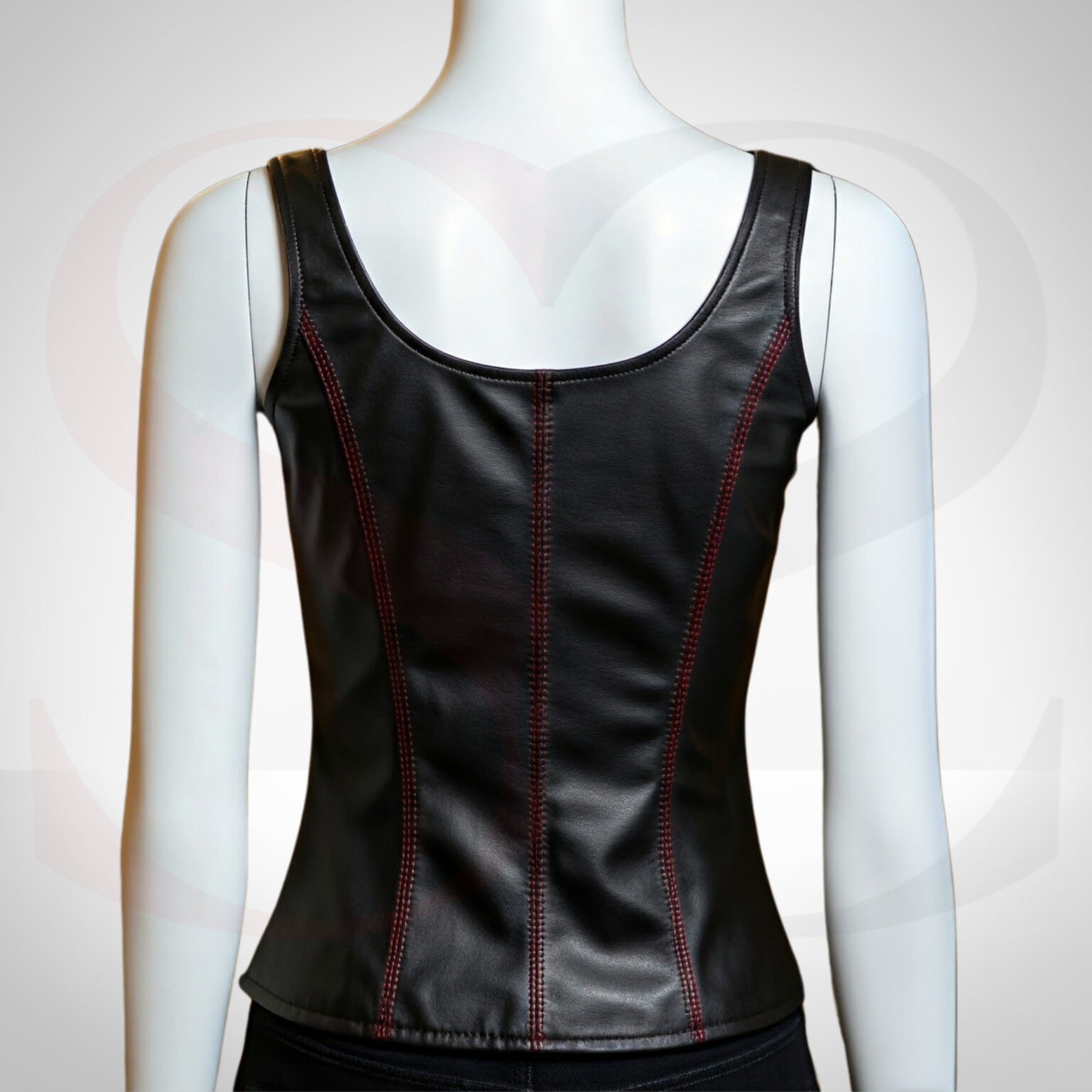 High-Grade Leather A Tank Top Sewn With Red Thread
