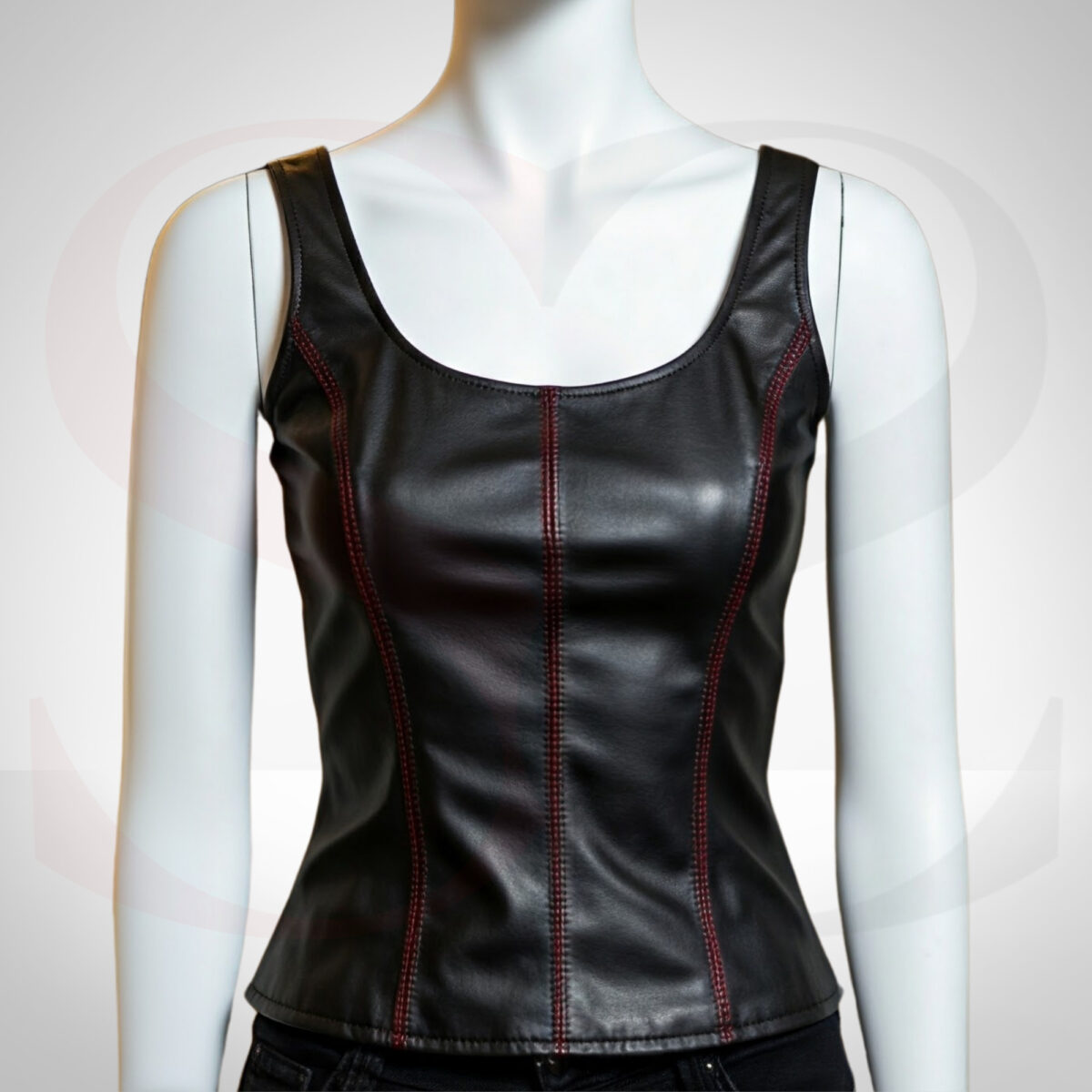 High-Grade Leather A Tank Top Sewn With Red Thread
