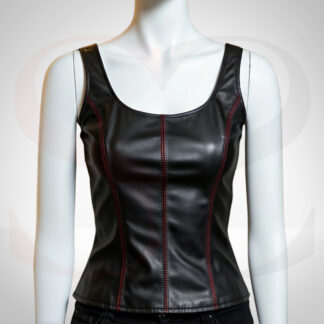 High-Grade Leather A Tank Top Sewn With Red Thread