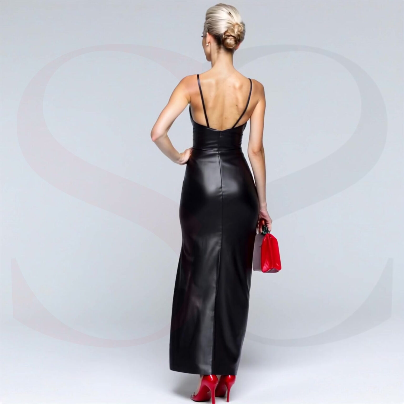 Long Black Leather Maxi Dress With High Slit And Spaghetti Straps
