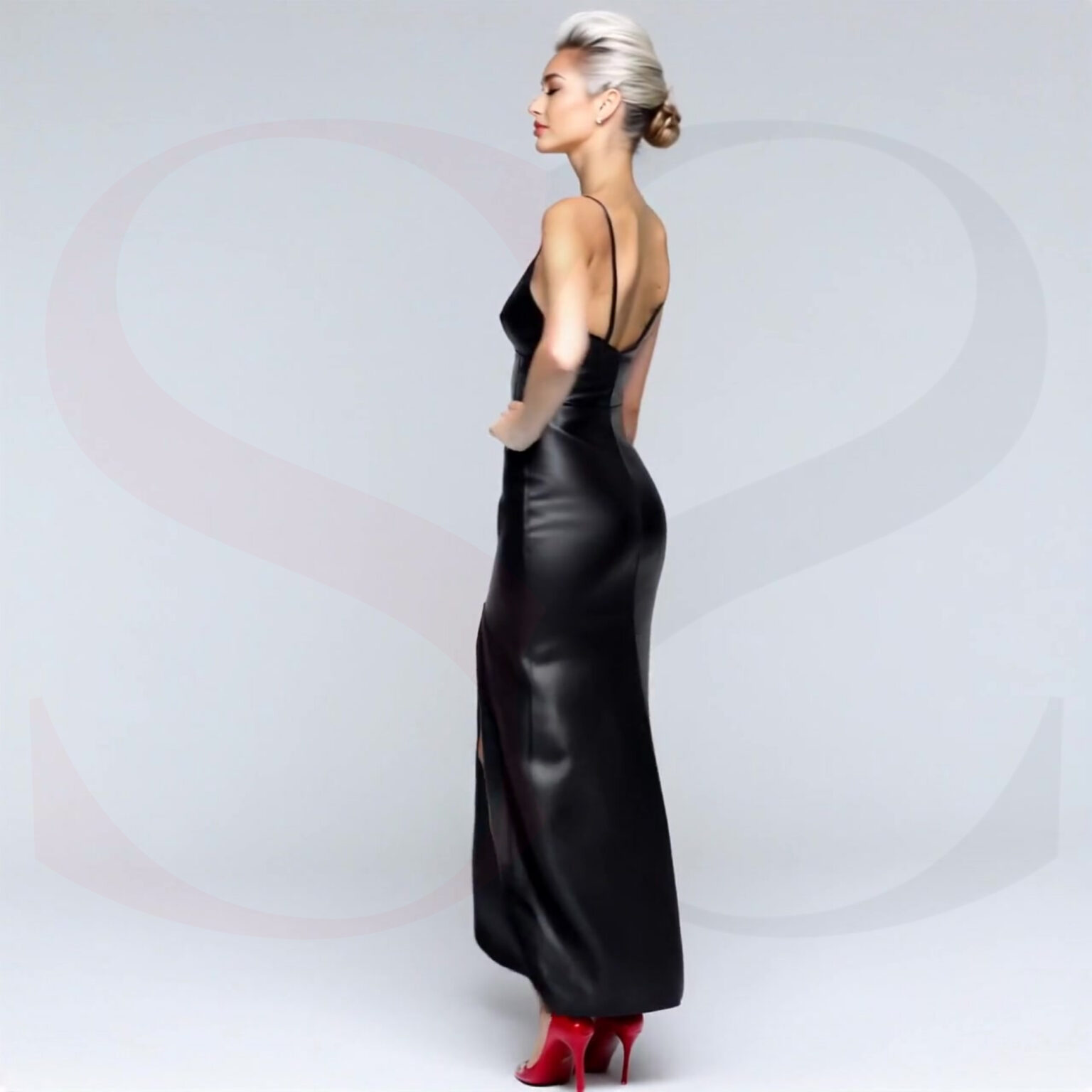 Long Black Leather Maxi Dress With High Slit And Spaghetti Straps