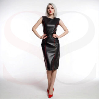 Matte Black Finish Leather Bodycon Dress With Red Stitch
