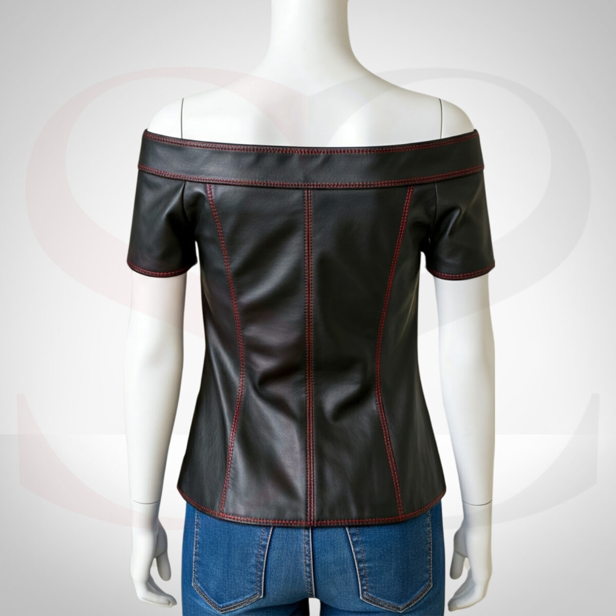 Sleek Comfort Leather Off Shoulder Dressy Top With Red Stitch