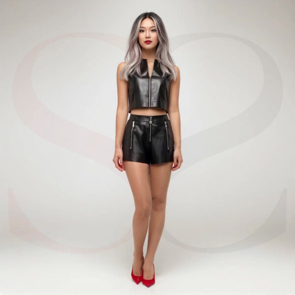 Sleeveless Black Leather Crop Top And Shorts With Pockets