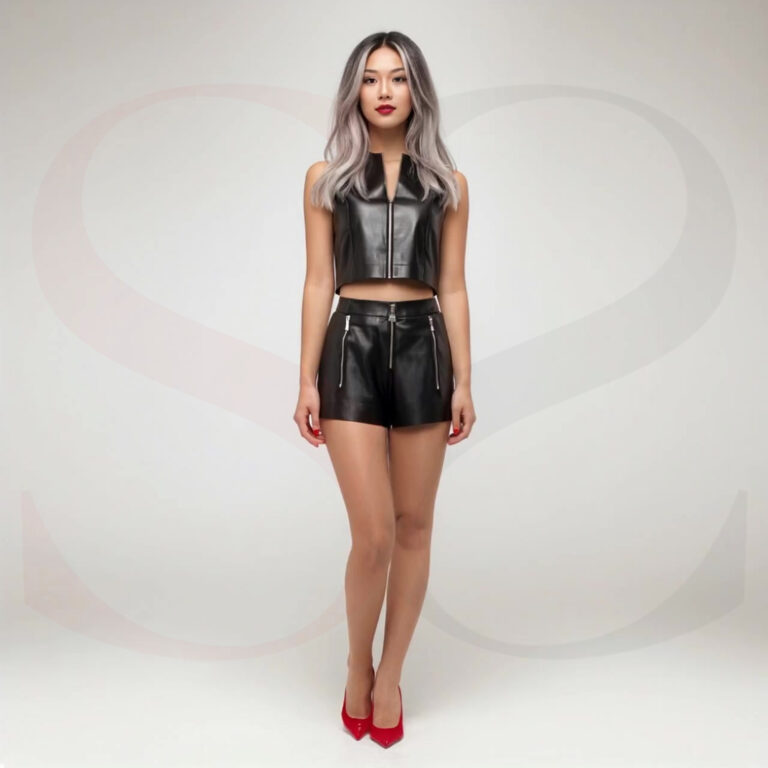 Sleeveless Black Leather Crop Top And Shorts With Pockets