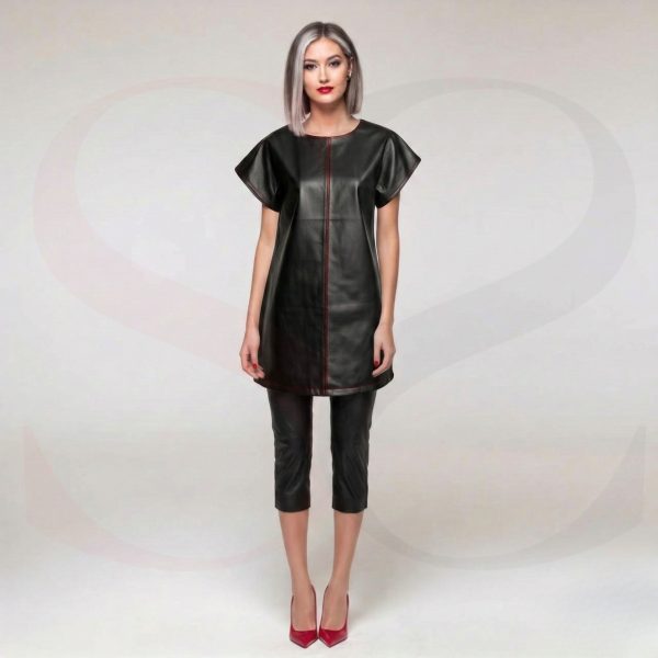 Street-Ready Look Leather Shift Dress With Red Stitch