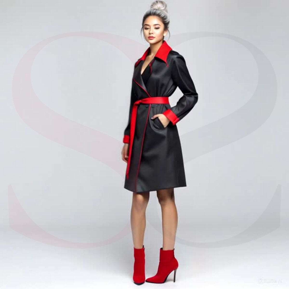 Black And Red Leather Trench Coat