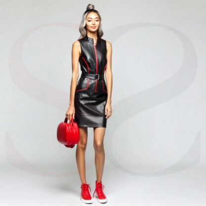 Black Leather Belted Mini Dress