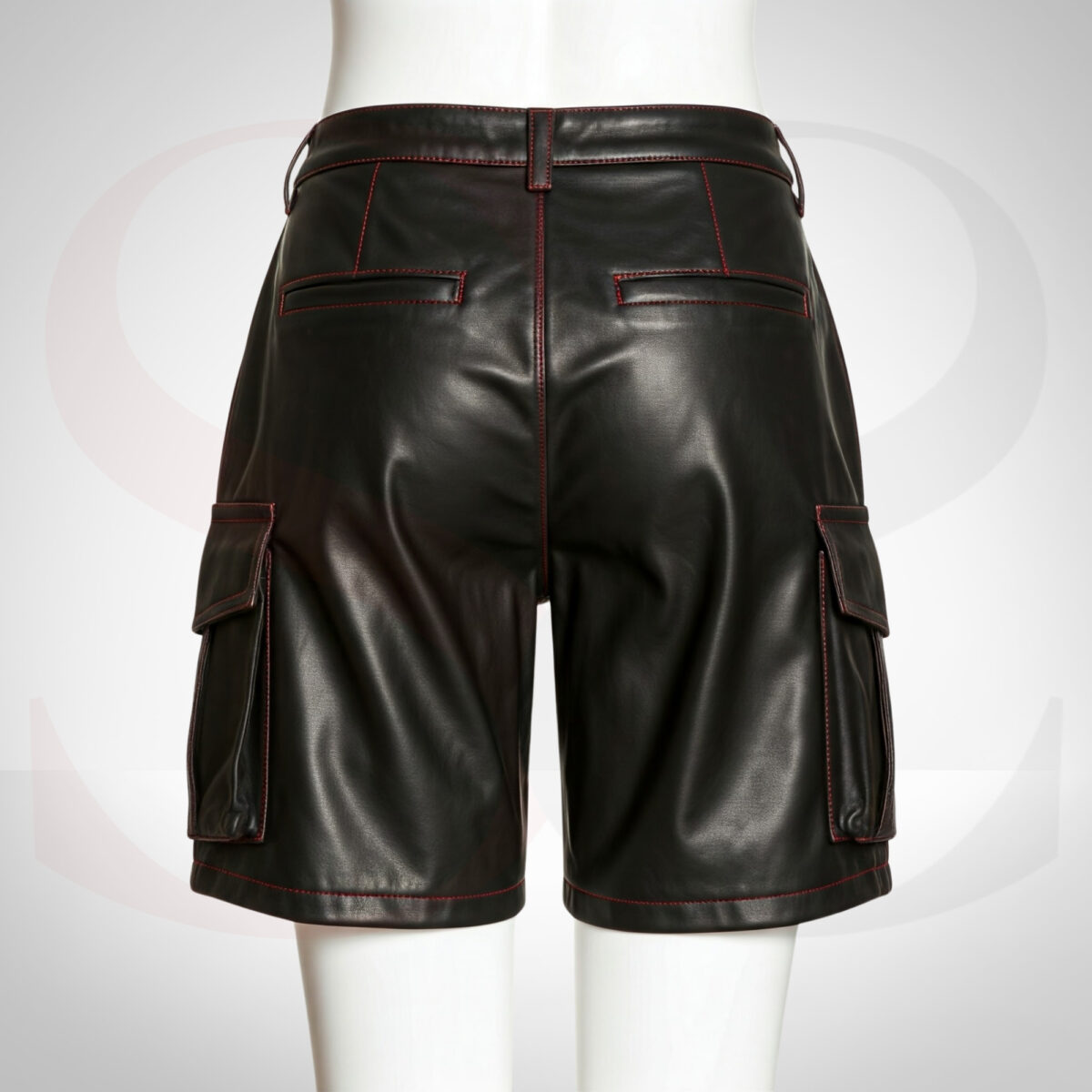 Black Leather Cargo Shorts With Red Stitch