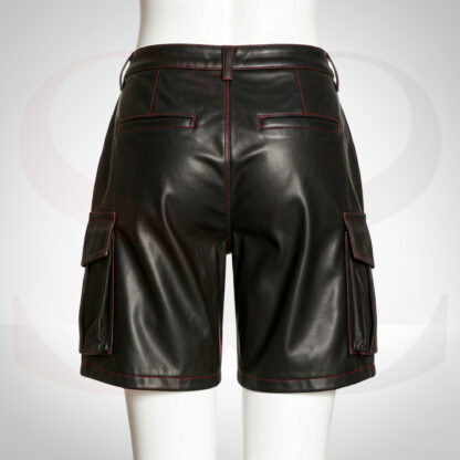 Black Leather Cargo Shorts With Red Stitch