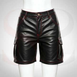 Black Leather Cargo Shorts With Red Stitch