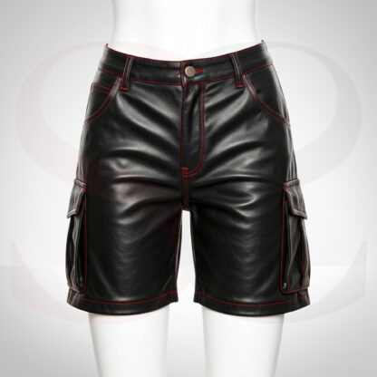 Black Leather Cargo Shorts With Red Stitch