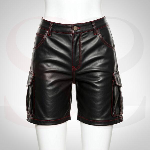 Black Leather Cargo Shorts With Red Stitch