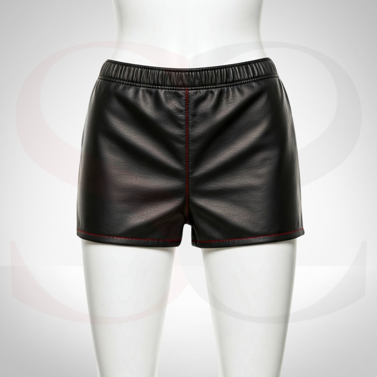 Black Leather High-Waisted Shorts With Red Stitch