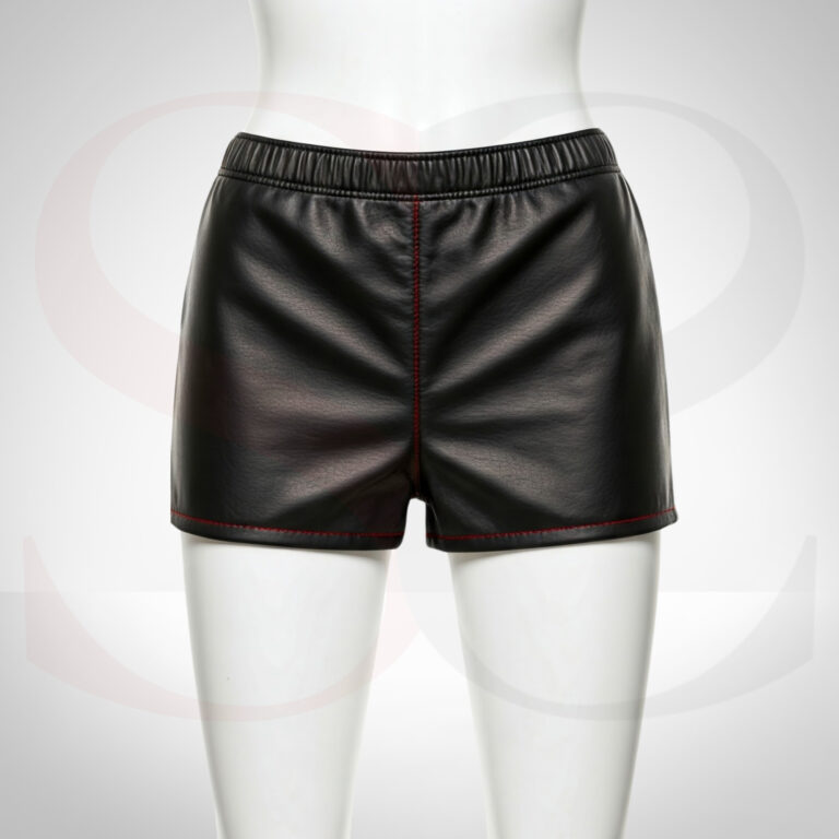Black Leather High-Waisted Shorts With Red Stitch