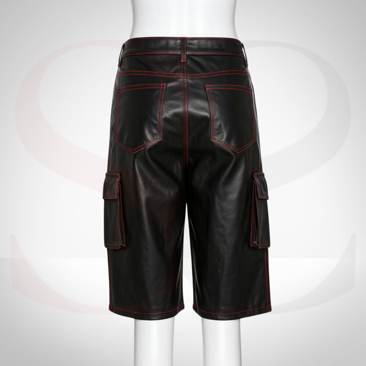 Black Real Leather Cargo Shorts With Red Stitching