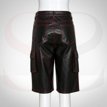 Black Real Leather Cargo Shorts With Red Stitching