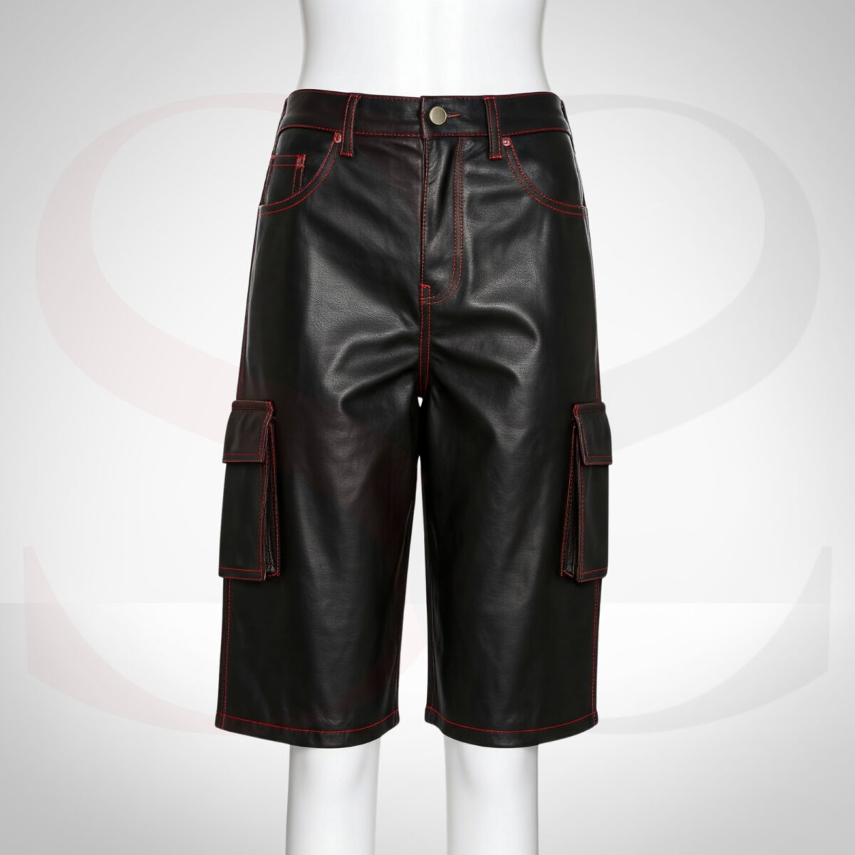 Black Real Leather Cargo Shorts With Red Stitching