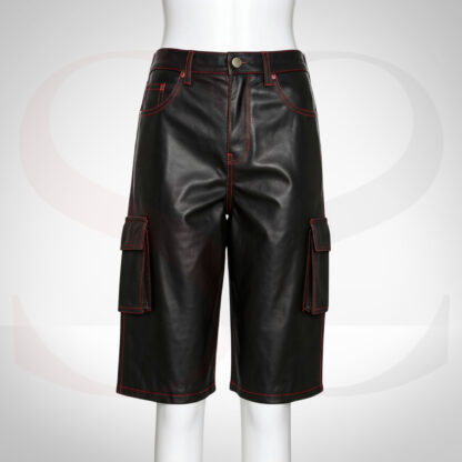 Black Real Leather Cargo Shorts With Red Stitching