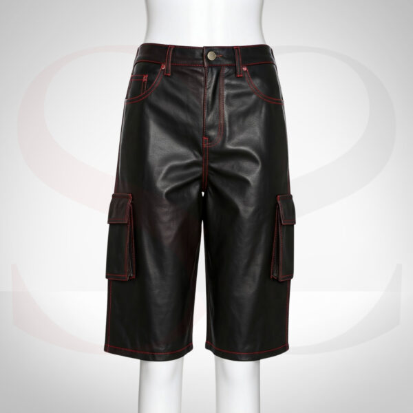 Black Real Leather Cargo Shorts With Red Stitching