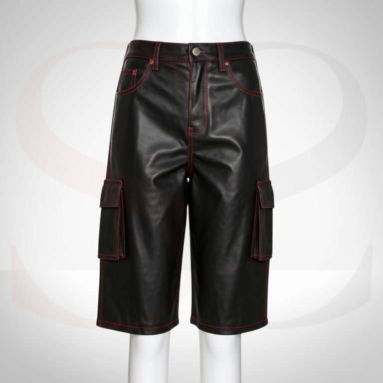 Black Real Leather Cargo Shorts With Red Stitching