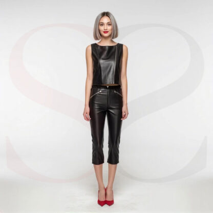Boat Neck Sleeveless Cropped Shirt And Leather Capri