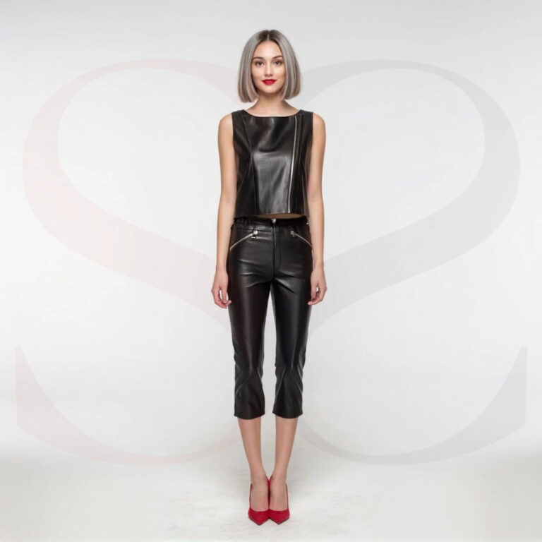 Boat Neck Sleeveless Cropped Shirt And Leather Capri