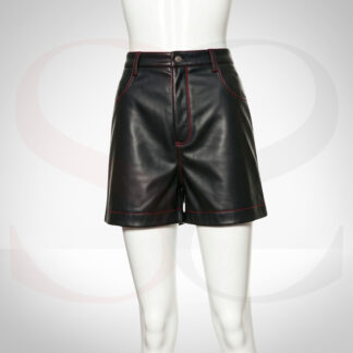 Real Leather Black Shorts With Red Stitching