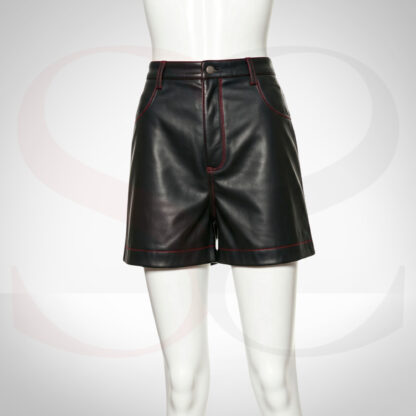 Real Leather Black Shorts With Red Stitching