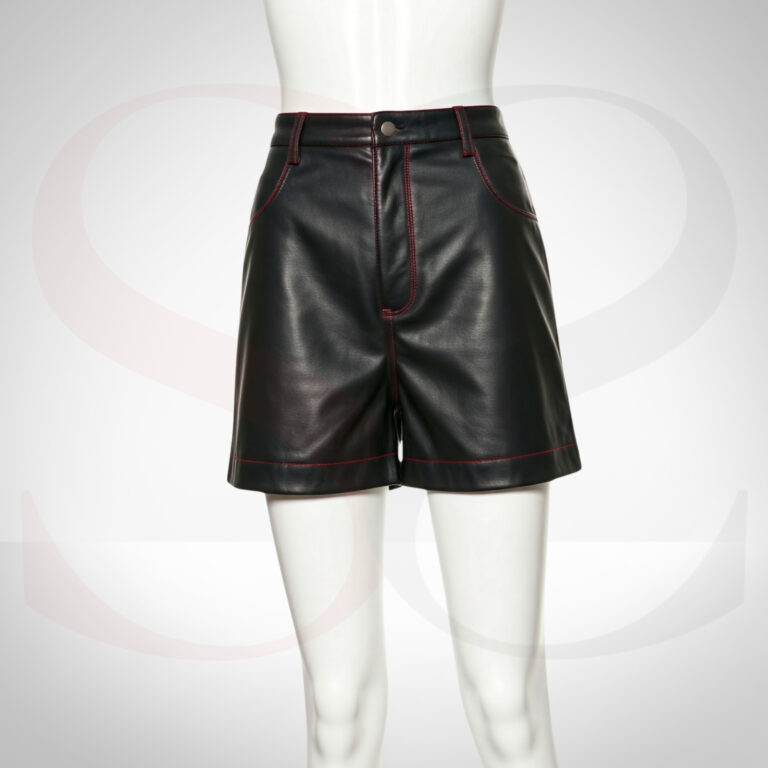Real Leather Black Shorts With Red Stitching